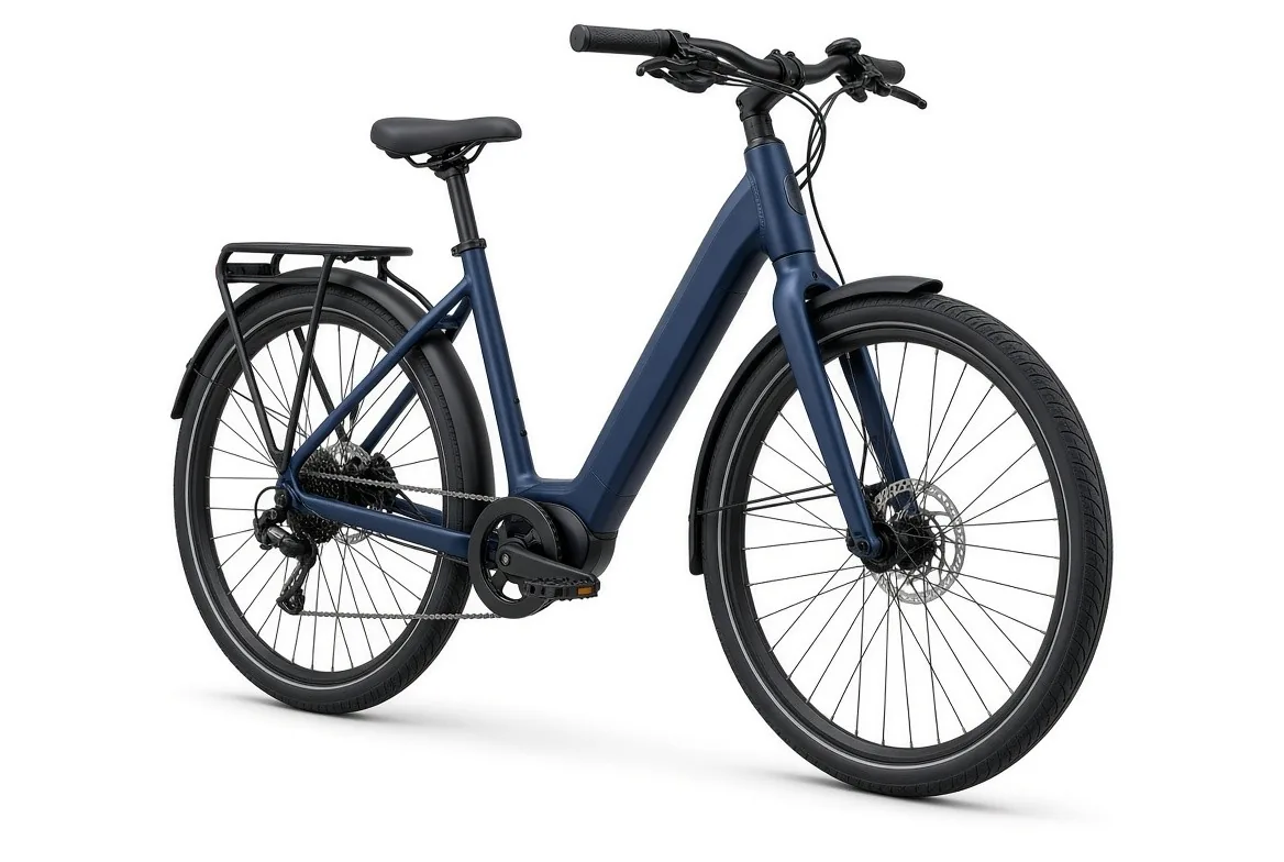 Navy step-through electric bicycle with a rear rack